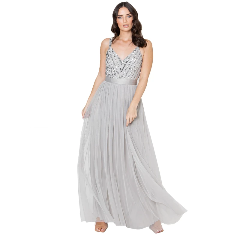 Maya Deluxe Women's Ladies Maxi Dress Long Length Wedding Guest Bridesmaid Prom Summer Evening Gown V Neck Straps Bow Tie, Soft Grey, 26