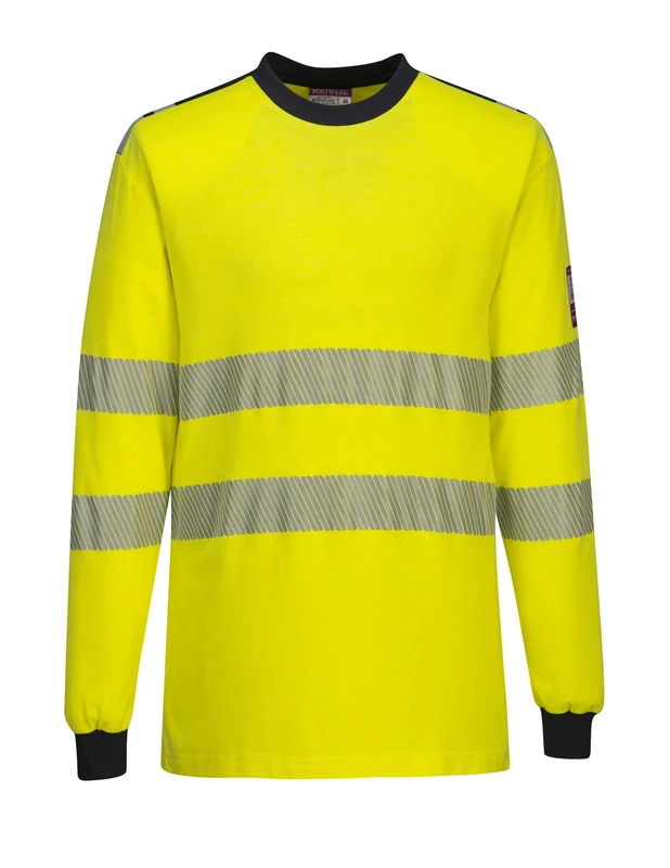 Portwest FR701 PW3 Flame Resistant Class 3 Hi-Vis Reflective Long Sleeve T-Shirt Yellow/Navy, XL