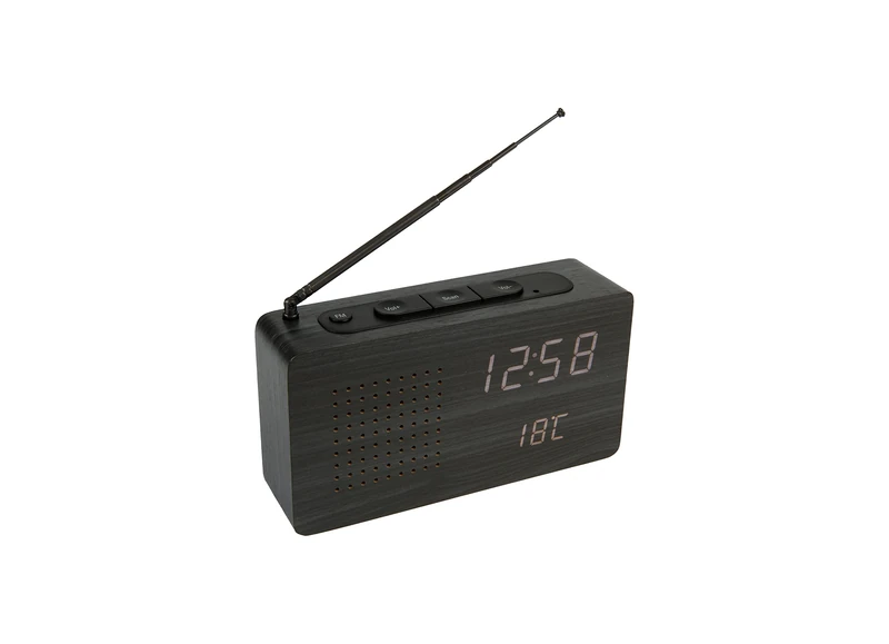 Fisura - Black radio alarm clock. Portable tabletop radio. Wooden alarm clock with radio 17,7 x 4,5 x 9 centimetres. Material:Wood.