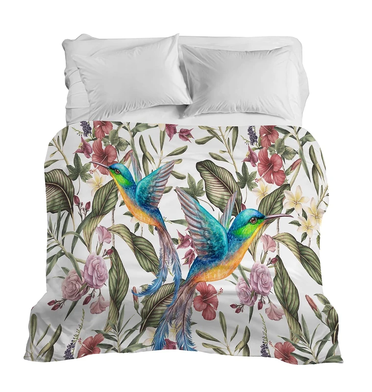 PENSIERI DELICATI, Bedspread 2 Squares 280 x 280 cm, 100% Sturdy Canvas Cotton Panama, Digital Print in High Resolution, Ideal as a Sofa Cover and Furniture Cover, Fantasia Colibri, Made in Italy
