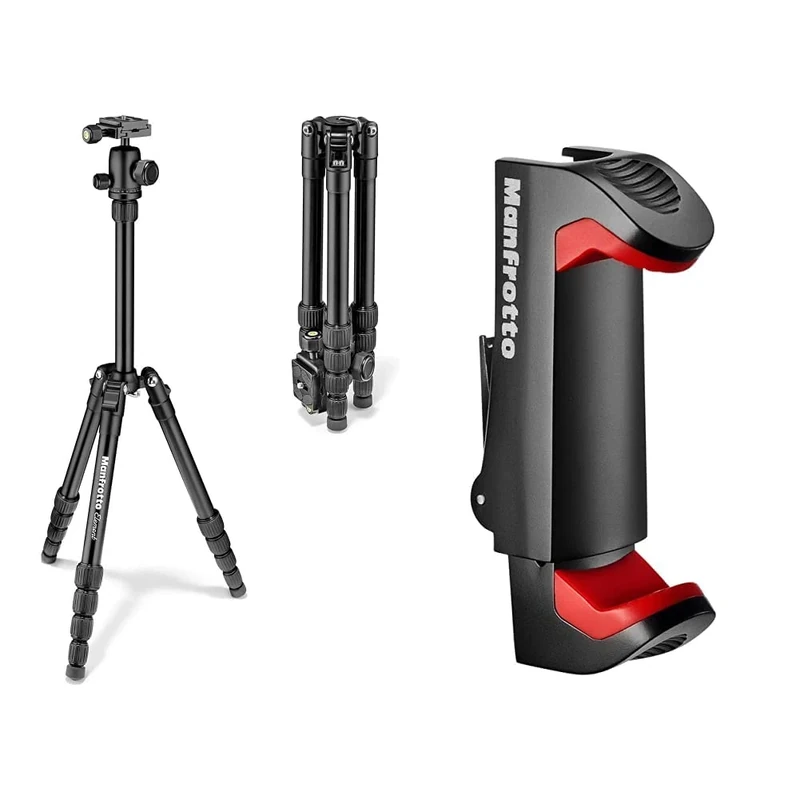 Manfrotto MKELES5BK-BH, Element Small Traveller Tripod with Aluminium Ball Head, Telescopic Column, Payload 6 kg, for CSC, DSLR, Mirrorless, Black & MCPIXI Universal Smartphone Clamp, Pro Version