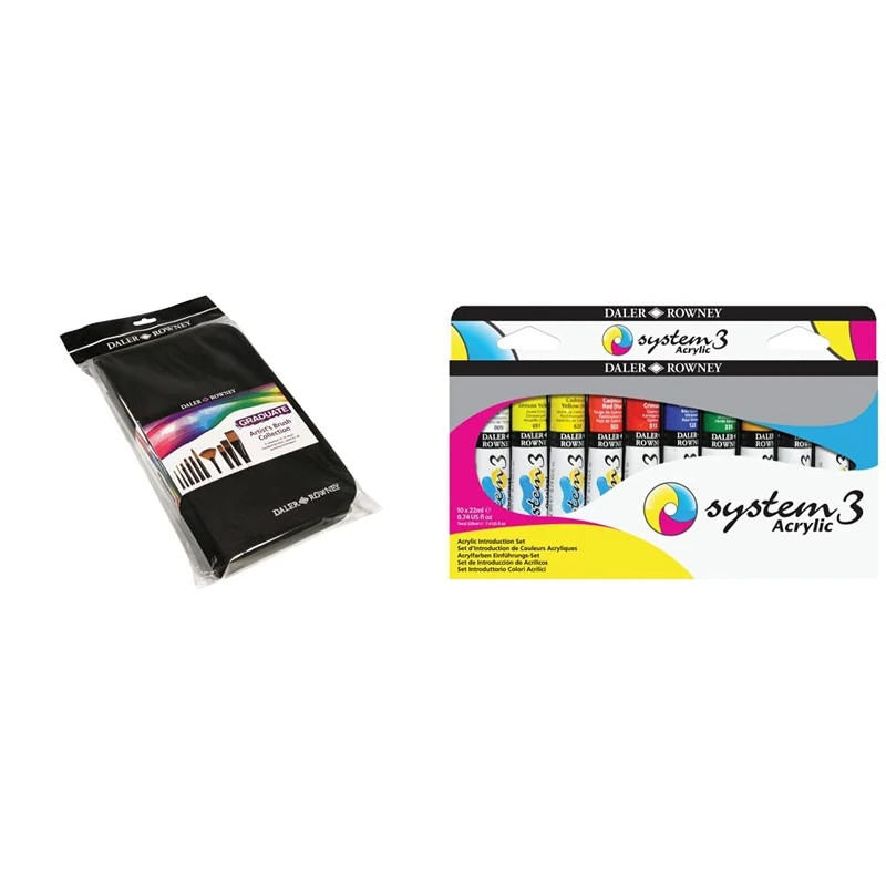 Daler Rowney 212500100 Graduate Short Zip Case 10 Brushes & System3 Acrylic Introduction Set, 10 x 22 ml Tubes, Students & Hobbyists