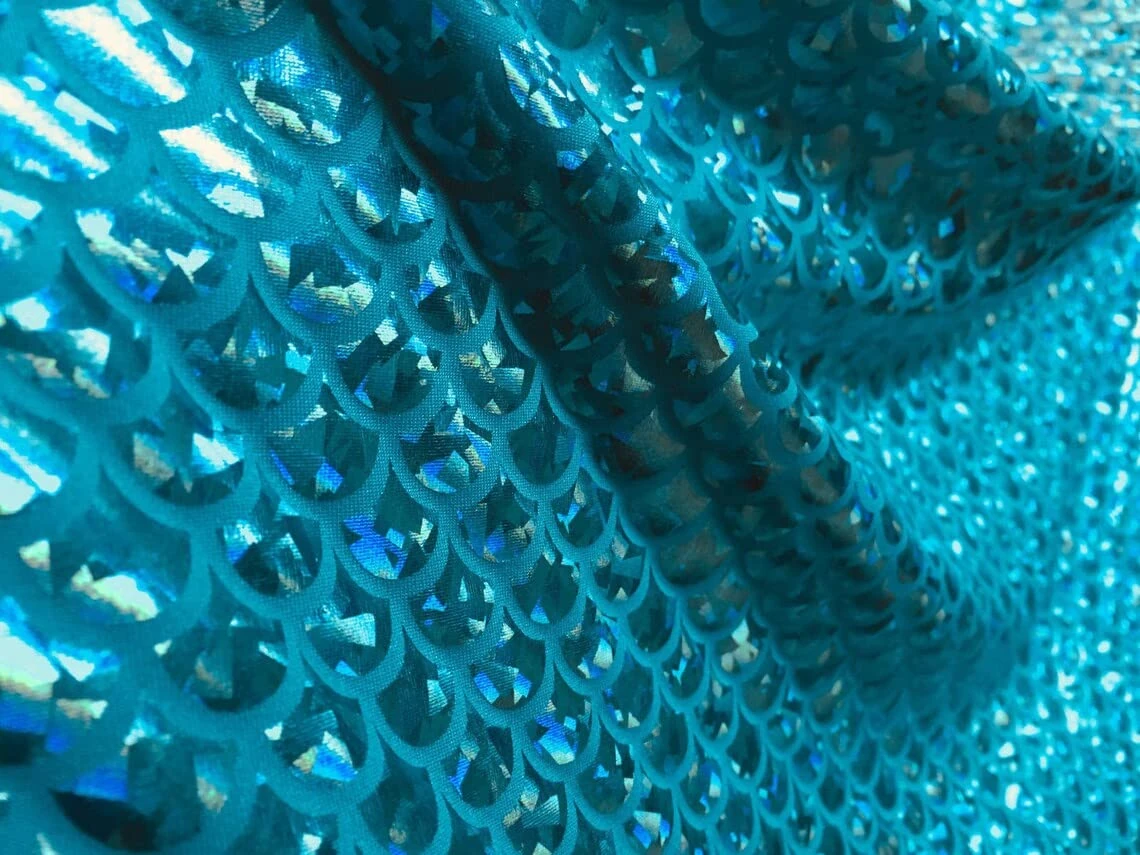 LushFabric Mermaid Scale Print Fabric Fish Tale Scales Foil - 2 Way Stretch Material Lycra Spandex - Bikini, Costume, Dress, Decor - 145CM Wide (1 METRE, Aqua)