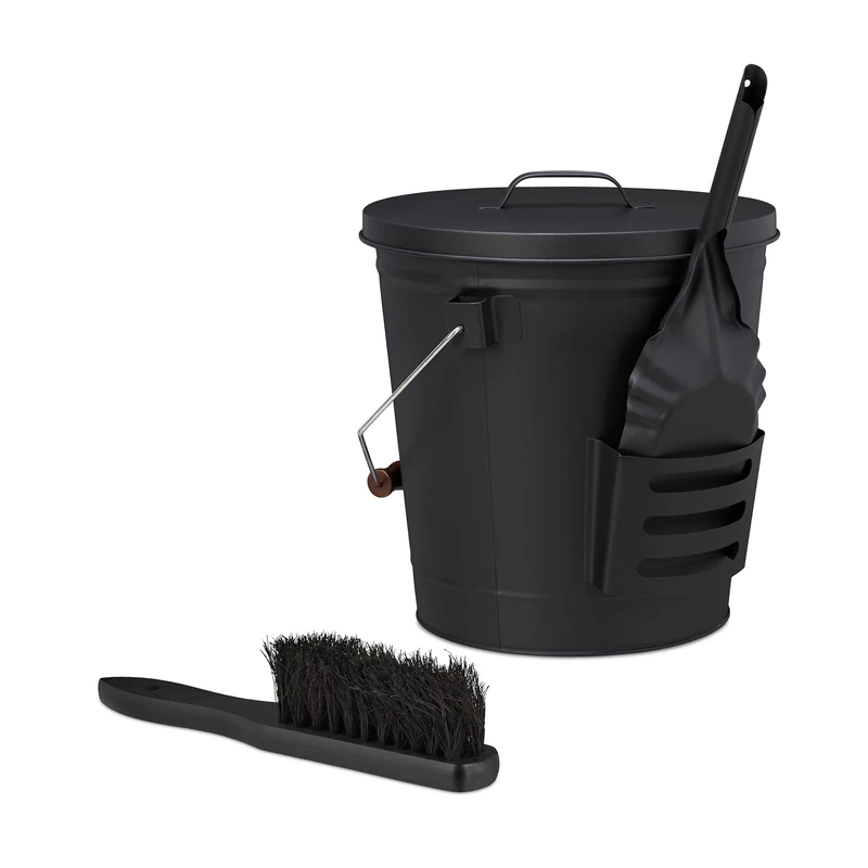 Relaxdays Ash Bucket with Lid and Sweeping Set, vol. 19 L, incl. Broom & Fireplace Shovel, HWD: 36 x 35.5 x 33 cm, Black