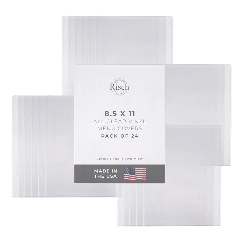 Risch Double-Sided All Clear Vinyl Menu Cover | Two-Sided 2 View Plastic Menu Holder | Slip in Top-Loading Cover | Wipeable, Reusable | 8.5” x 11” | 12-Gauge | Pack of 24