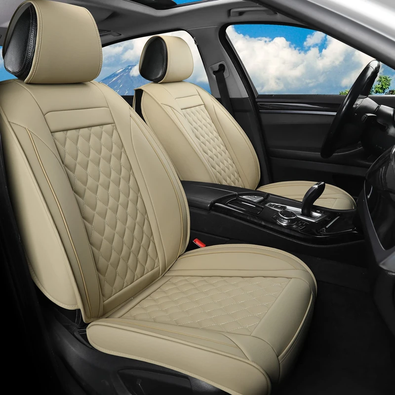 Vankerful Car Seat Covers Front Pair,Universal Fit For Most Cars,SUV,Sedans and Pick-up Trucks,Automotive Faux Leather Vehicle Cushion Covers(Front Pair,Beige)