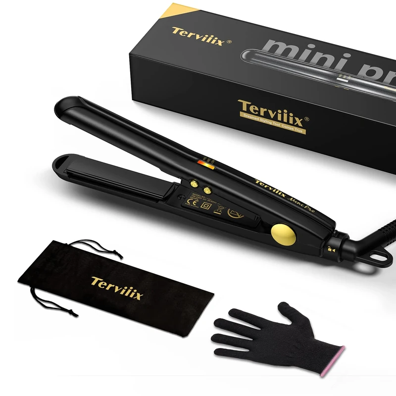 Terviiix Mini Hair Straightener for Short Hair, Tourmaline Ceramic Compact Small Straighteners, Travel Mini Straighteners with Pouch, Auto Shut Off, Dual Voltage with Adjustable Temp, Black