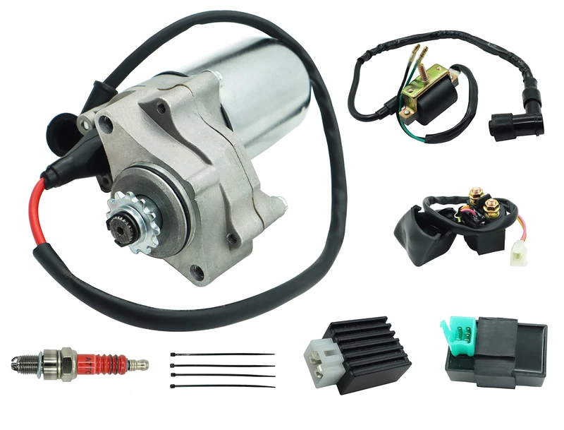 110cc ATV Starter Motor 2 Bolt Fits for Kids ATVs Quad Dirt Pit Bike TaoTao 50cc 70cc 90cc 110cc 125cc, 4 Piece ATV Part with Solenoid Starter Relay&Ignition Coil&Voltage Regulator
