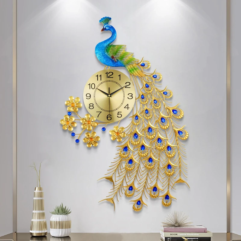 EURSON Large Peacock Wall Clock 31.5 inch Metal Design Non-Ticking Silent Art Digital Wall Clocks for Living Room Decor Gold
