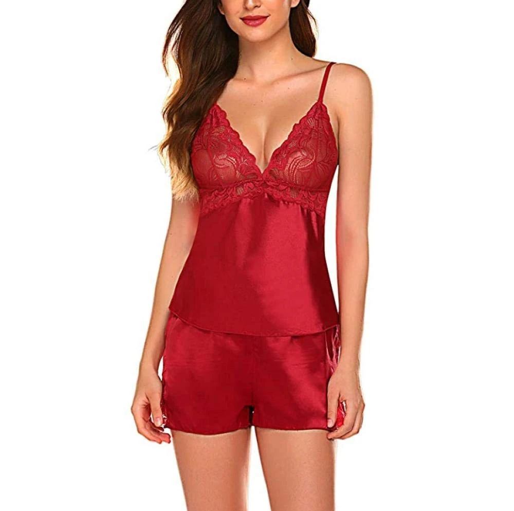 Women's Baby Dolls Sexy Sleepwear Set Sexy Lingerie Homewear Deep V-Neck Camisole Lace Tops + Short Pants-Red_L