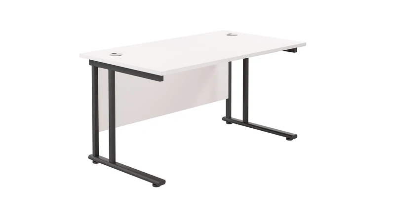 Office Hippo Heavy Duty Rectangular Cantilever Office Desk, Home Office Desk, Office Table, Integrated Cable Ports, PC Desk For Office or Home, 5 Yr Wty - Black Frame/White Top, 140cm x 80cm