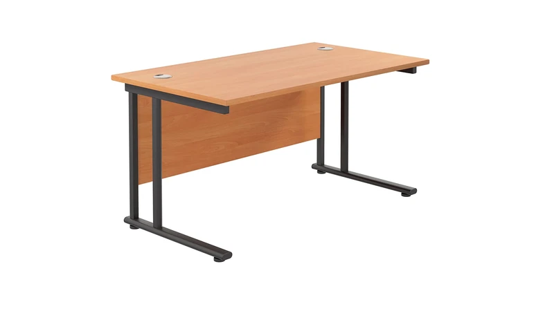 Office Hippo Heavy Duty Rectangular Cantilever Office Desk, Home Office Desk, Office Table, Integrated Cable Ports, PC Desk For Office or Home, 5 Yr Wty - Black Frame/Beech Top, 140cm x 80cm