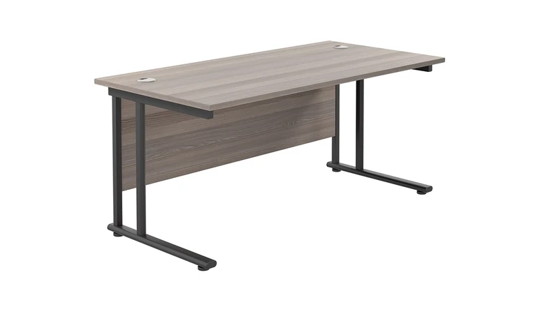 Office Hippo Heavy Duty Rectangular Cantilever Office Desk, Home Office Desk, Office Table, Integrated Cable Ports, PC Desk For Office or Home, 5 Yr Wty - Black Frame/Grey Oak Top, 160cm x 80cm