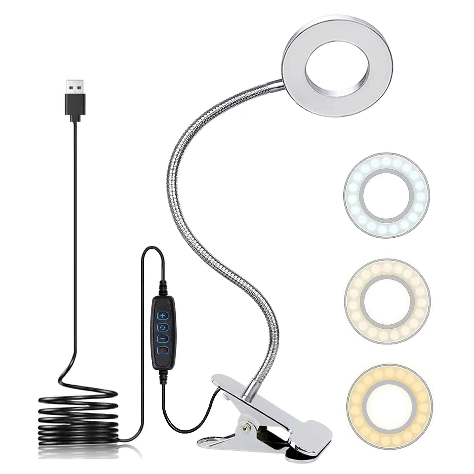 KNAMKY USB LED Desk Lamp Clip On Reading Light, 3 Light Modes & 10 Dimmable Brightness Eye Caring Book Lamp, Bedside lamp with Flexible Neck, Adjustable Perfect for Studying & Working (Silver)