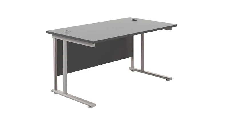 Office Hippo Heavy Duty Rectangular Cantilever Office Desk, Home Office Desk, Office Table, Integrated Cable Ports, PC Desk For Office or Home, 5 Yr Wty - Silver Frame/Black Top, 120cm x 80cm