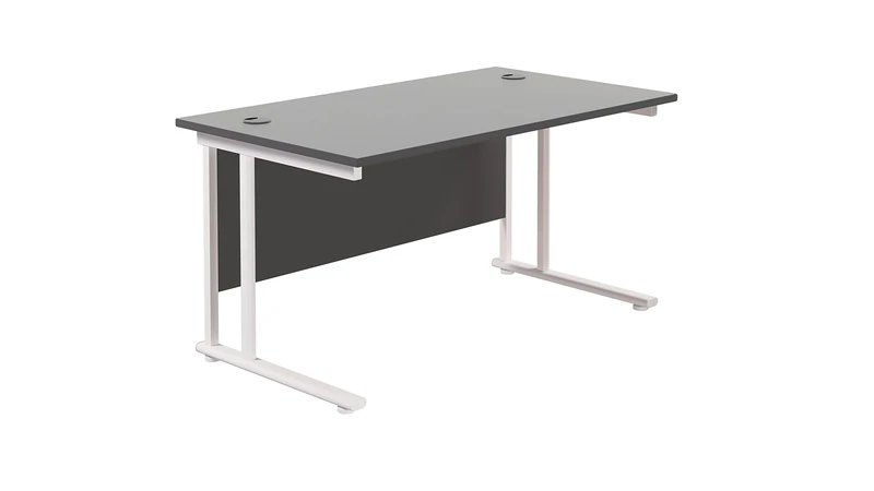 Office Hippo Heavy Duty Rectangular Cantilever Office Desk, Home Office Desk, Office Table, Integrated Cable Ports, PC Desk For Office or Home, 5 Yr Wty - White Frame/Black Top, 140cm x 80cm