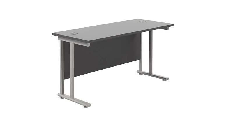 Office Hippo Heavy Duty Rectangular Cantilever Office Desk, Home Office Desk, Office Table, Integrated Cable Ports, PC Desk For Office or Home, 5 Yr Wty - Silver Frame/Black Top, 140cm x 60cm