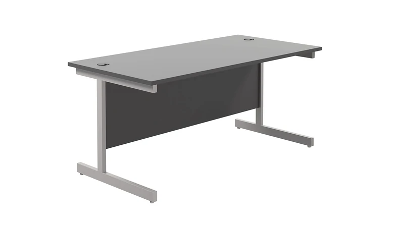 Office Hippo Heavy Duty Rectangular Cantilever Desk, Home Office Table + Integrated Cable Ports, PC Desk For Office or Home, 5 Yr Wty - Silver Frame/Black Top, 180cm x 80cm