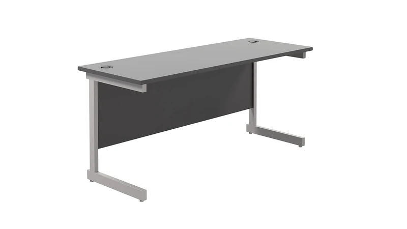 Office Hippo Heavy Duty Rectangular Cantilever Desk - Home Office Table + Integrated Cable Ports, PC Desk - Silver Frame/Black Top, 160cm x 60cm