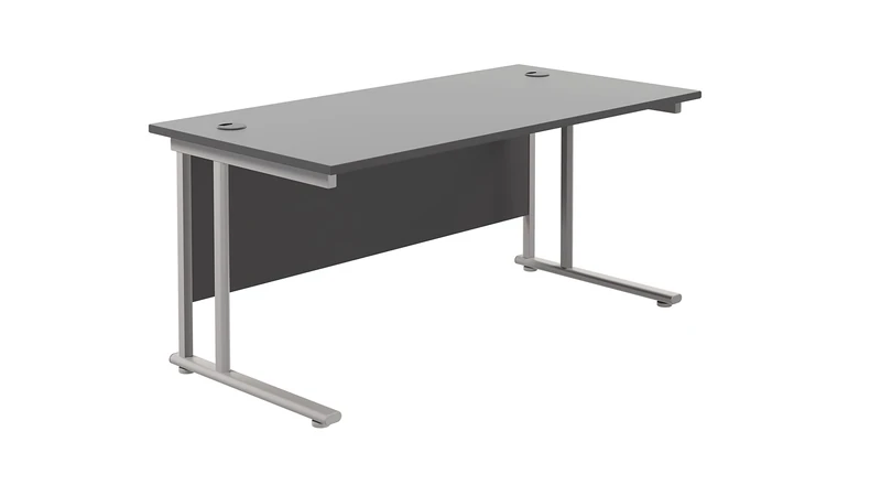 Office Hippo Heavy Duty Rectangular Cantilever Office Desk, Home Office Desk, Office Table, Integrated Cable Ports, PC Desk For Office or Home, 5 Yr Wty - Silver Frame/Black Top, 160cm x 80cm