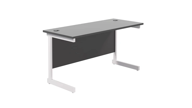 Office Hippo Heavy Duty Rectangular Cantilever Desk, Home Office Table With Integrated Cable Ports, PC Desk for Work or Home, 5 Yr Warranty - White Frame/Black Top, 140cm x 60cm