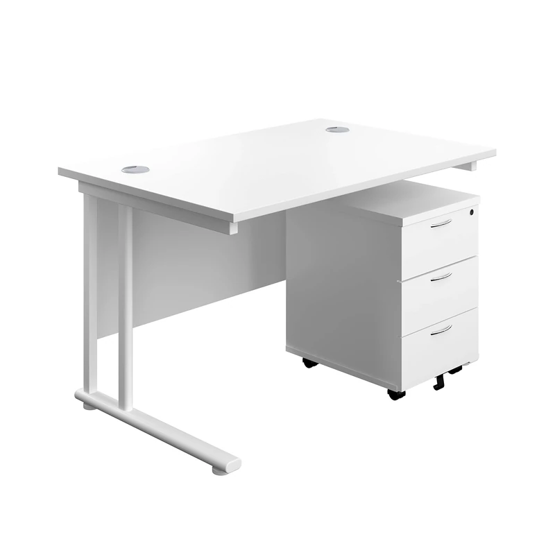 Office Hippo Heavy Duty Rectangular Cantilever Office Desk with 3 Drawer Mobile Pedestal, White Frame, White, 120 x 80 x 73 cm (TWU1280BUNWHWH3)