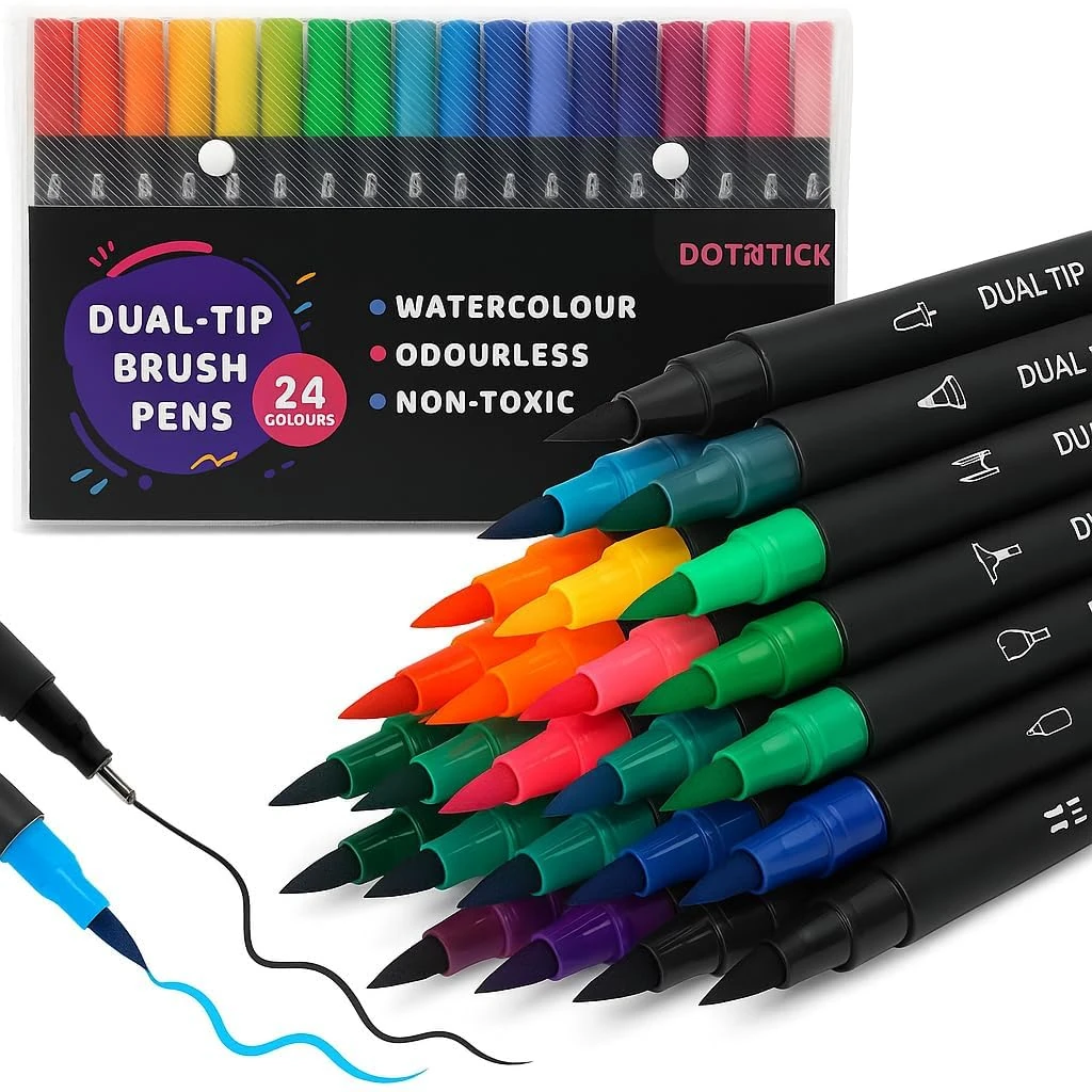 DOTnTICK Colouring Pens for Adults – 12-Pack Dual Tip Brush Pens for Lettering, Drawing, Journaling & Art Projects – Fineliners Felt Tip Markers for Painting & Sketching – Great Gift for Kids