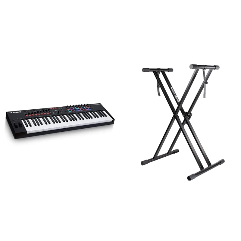 M-Audio Oxygen Pro 61 – 61 Key USB MIDI Keyboard Controller & Faders and Software Suite Included & RockJam XX-363 Xfinity Doublebraced Pre Assembled Keyboard Stand with Locking Straps, Black