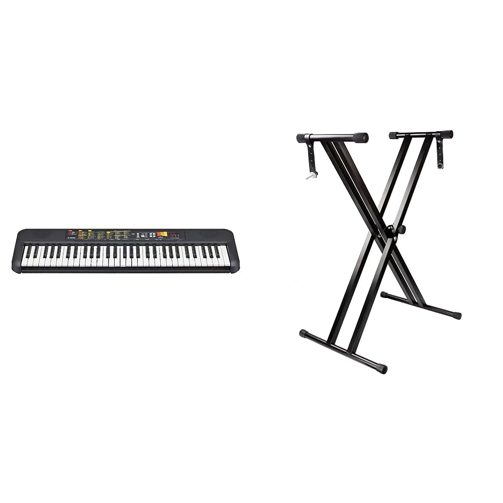 Yamaha PSR-F52 Digital Keyboard, black - Compact digital keyboard & RockJam RJX29 Double Braced Adjustable Keyboard Stand with Locking Straps, Black