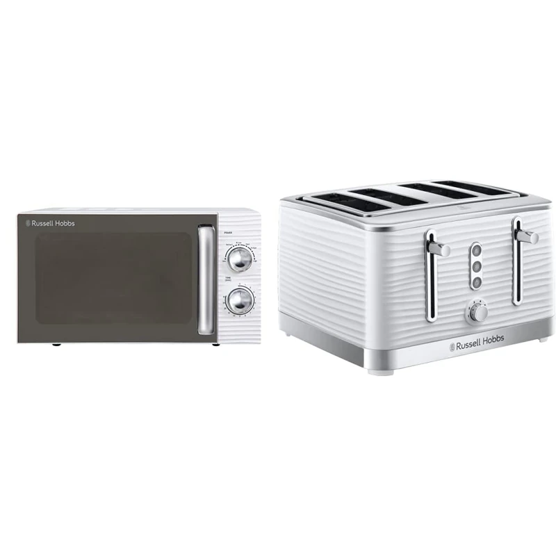 Russell Hobbs RHM1731 INSPIRE White 17 Litre Manual Microwave & 24380 White Inspire High Gloss Plastic Four Slice Toaster - Image 1