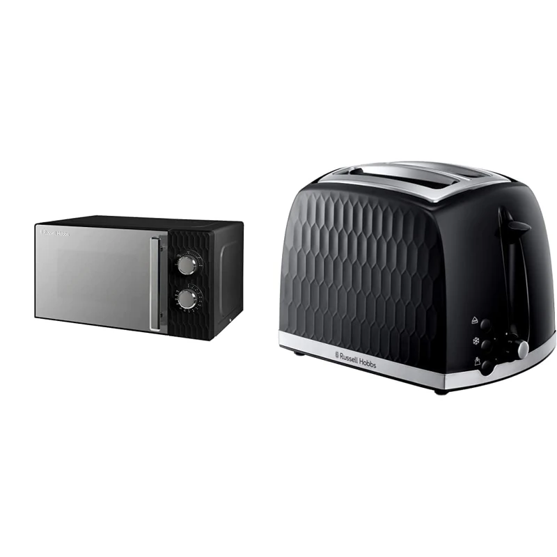 Russell Hobbs Honeycomb RHMM715B 17 Litre 700W Black Solo Manual Microwave & 26061 2 Slice Toaster - Contemporary Honeycomb Design with Extra Wide Slots and High Lift Feature, Black
