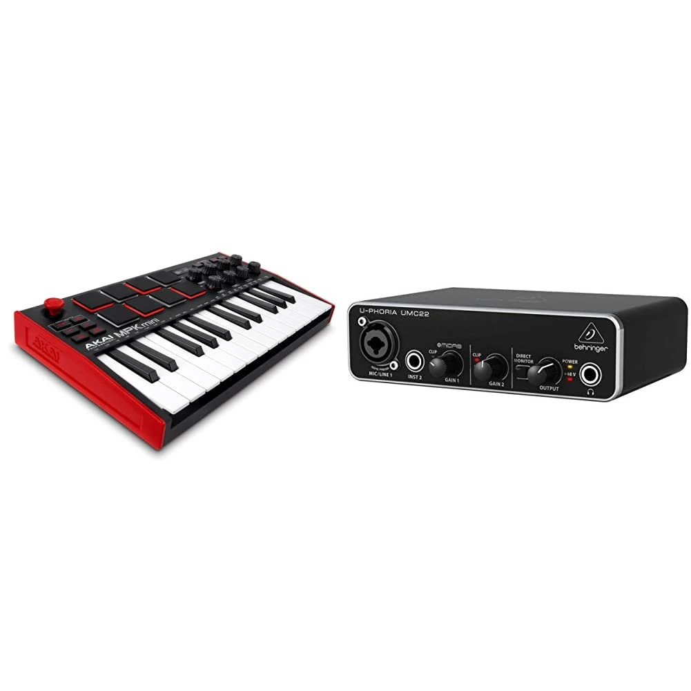 AKAI Professional MPK Mini MK3 – 25 Key USB MIDI Keyboard Controller with 8 Backlit Drum Pads & Behringer UMC22 Audiophile 2x2 USB Audio Interface with Midas Mic Preamplifier
