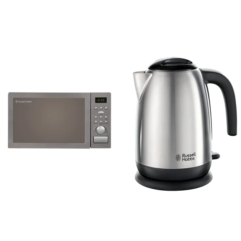 Russell Hobbs RHM2574 Digital Combination Microwave, 25 Litre, Stainless Steel & 23910 Adventure Brushed Stainless Steel Electric Kettle, Open Handle, 3000 W, 1.7 Litre