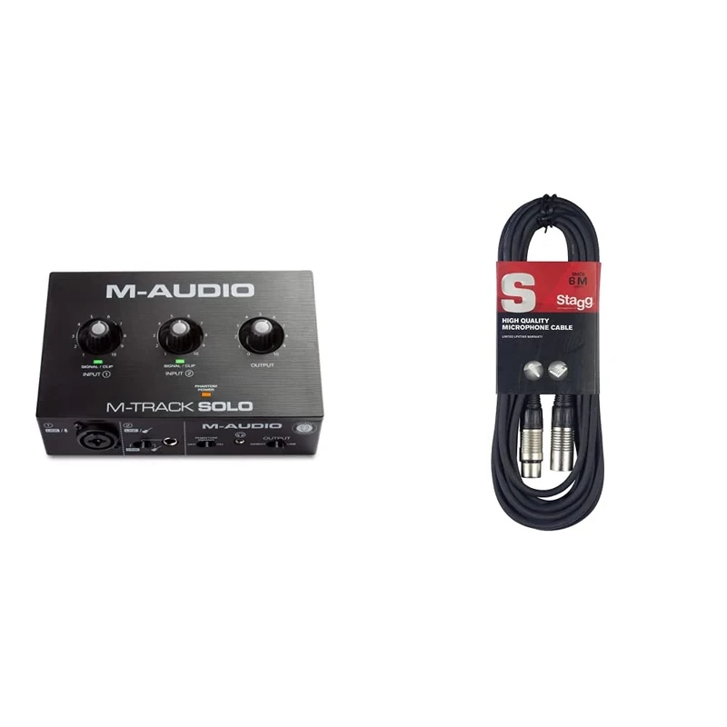 M-Audio M-Track Solo – USB Audio Interface for Recording, Streaming and Podcasting with XLR, Line and DI Inputs, Plus a Software Suite Included & Stagg SMC6 6 metre standard microphone cable