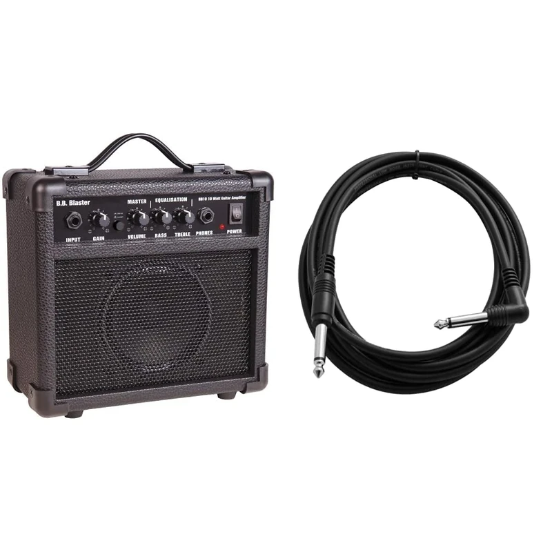 Kinsman BB10 Blaster 10W Amp - Black & Guitar Cable - Bass Keyboard E-Drums Instrument Lead - Straight/Angled - 6.35mm 1/4" Jacks - 3m Cable - TIGER GAC42