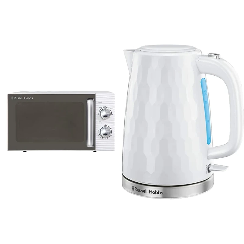 Russell Hobbs RHM1731 INSPIRE White 17 Litre Manual Microwave & 26050 Cordless Electric Kettle - Contemporary Honeycomb Design with Fast Boil and Boil Dry Protection, 1.7 Litre, 3000 W, White