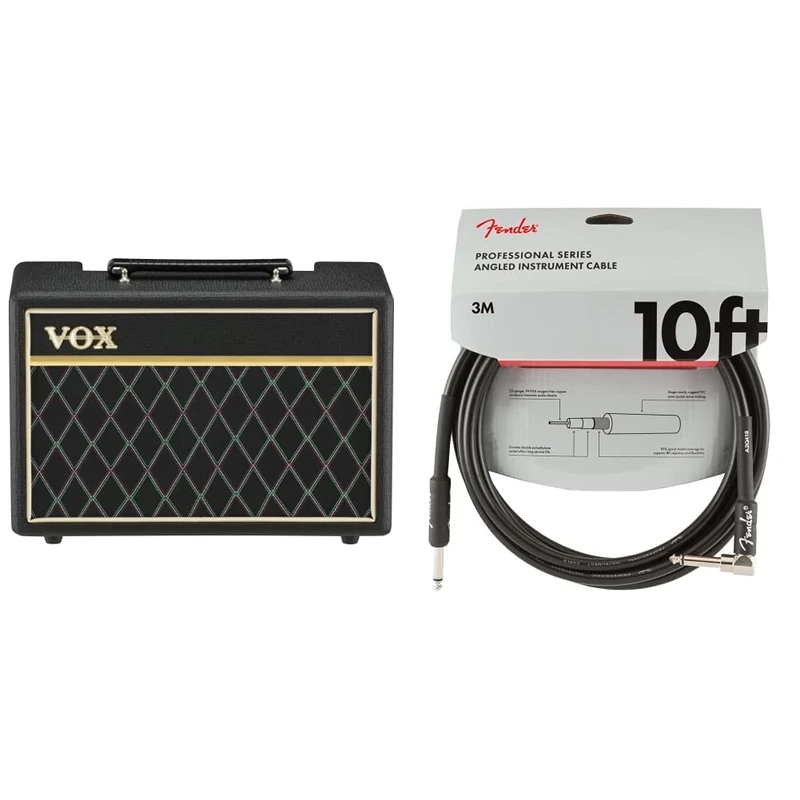 Vox - PB10 Pathfinder 10B - 10W Bass Guitar Practice Amplifier Combo - Black & Fender 990820025 Professional Series Instrument Cable - 10 ft - STR/ANG - black, 3 metre