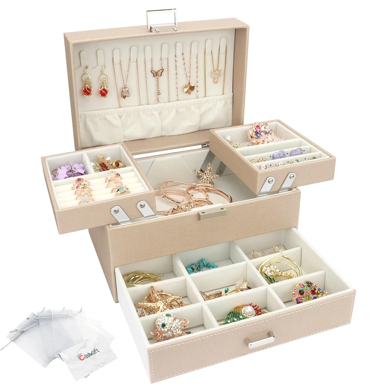 Jewellery Box Organiser, 3 Layer PU Leather Jewellery Case, Large Jewellery Organiser with Drawer, Jewellery Storage Case for Necklaces Earrings Bracelets and Rings, Beige