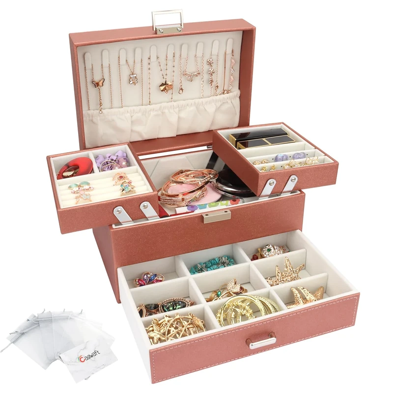 Jewellery Box Organiser, 3 Layer PU Leather Jewellery Case, Large Jewellery Organiser with Drawer, Jewellery Storage Case for Necklaces Earrings Bracelets and Rings, Rose gold