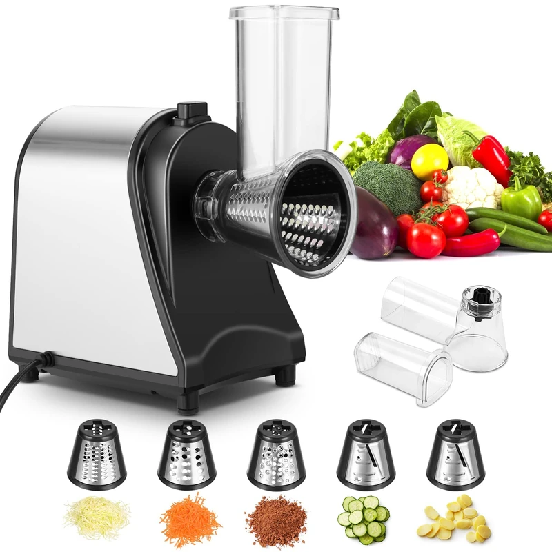 COOCHEER Electric Vegetable Slicer 250W, Stainless Steel Salad Maker & Grater with 5 Interchangeable Cones, Professional Food Chopper & Shredder for Vegetables, Fruits, Cheese