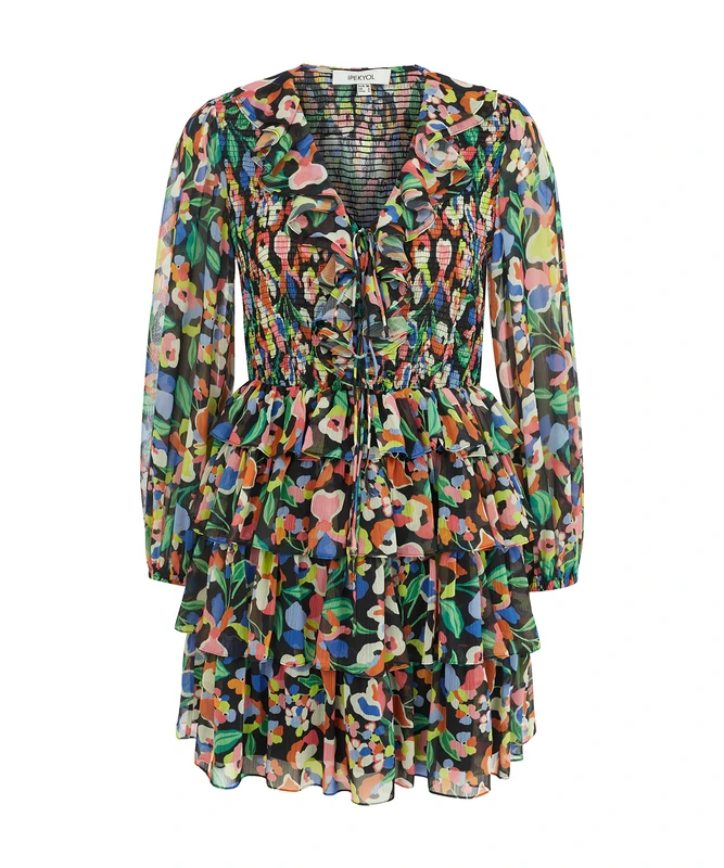 IPEKYOL Women's Flower Pattern Mini Dress, Black, 6