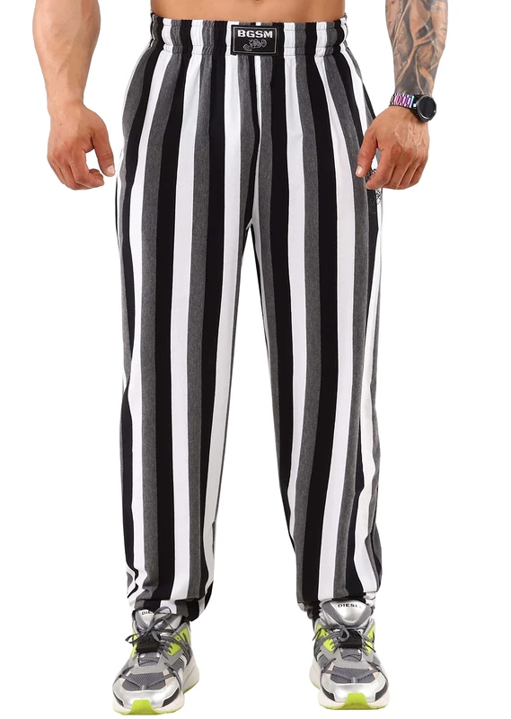 Big SAM Sportswear Company Men's Baggy Pants Loose Fit Stripped Gym Workout Sweatpants with Pockets, White, XXL