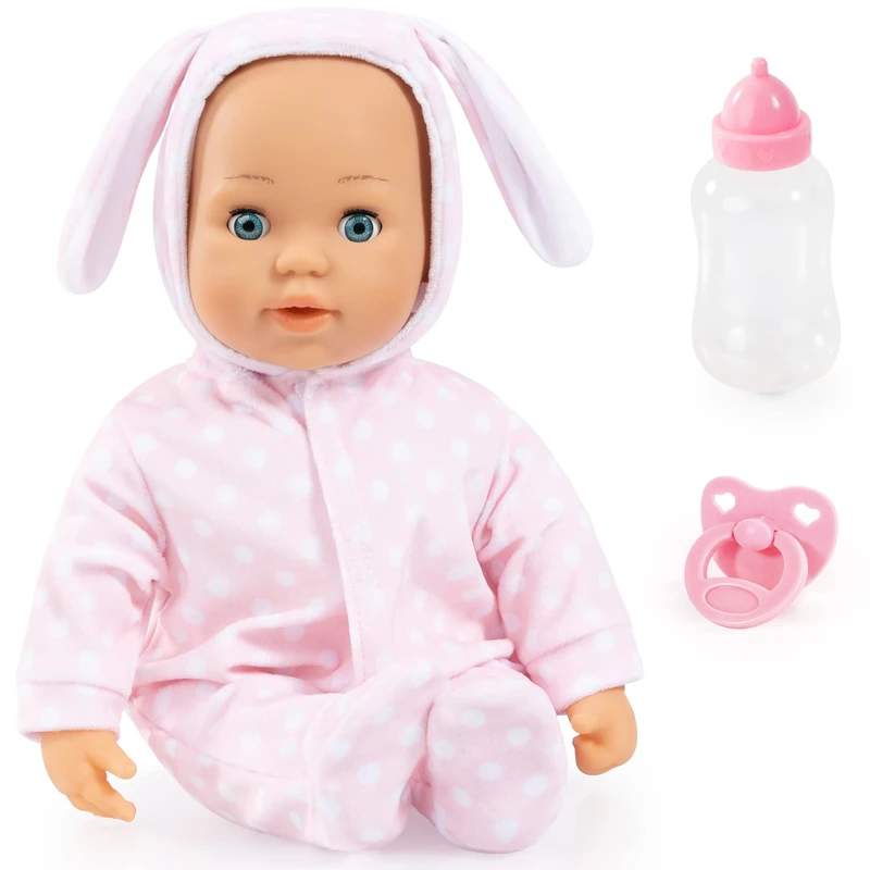 Bayer Design 93822AA Interactive baby doll Anna, soft body, baby sounds, closing eyes, pacifier, bottle, 15 inch, pink with dots