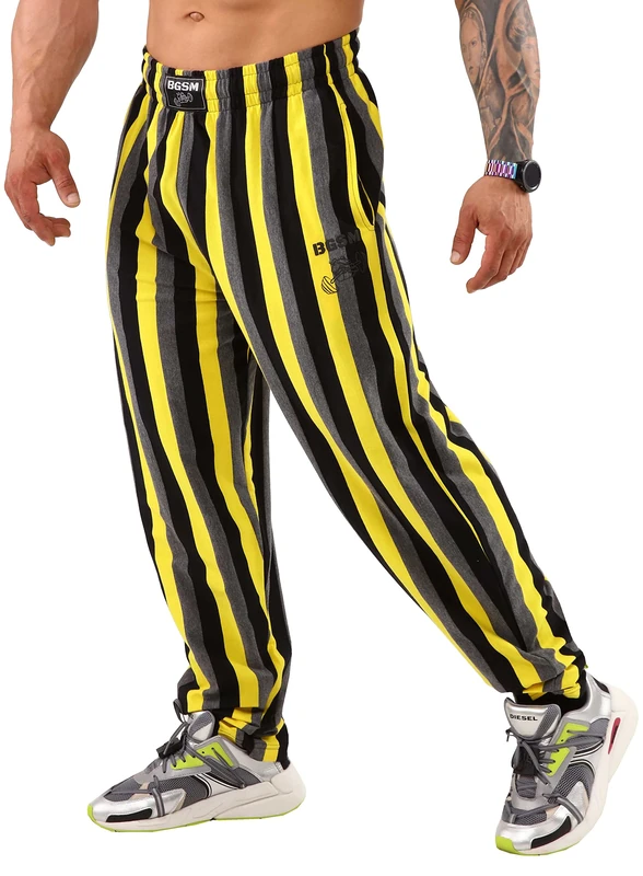 Big SAM Sportswear Company Men's Baggy Pants Loose Fit Stripped Gym Workout Sweatpants with Pockets, Yellow, Medium