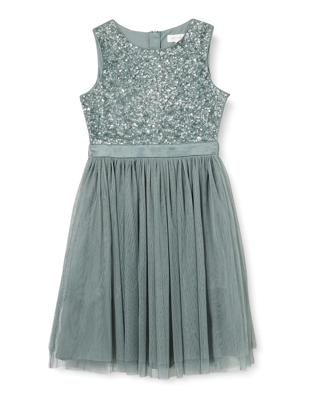 Maya Deluxe Girl's Midi Dress Sequins Embellished Party Tutu Bridesmaids Wedding with Belt Bow, Misty Green, 3-4 Years (PL1-11-183)
