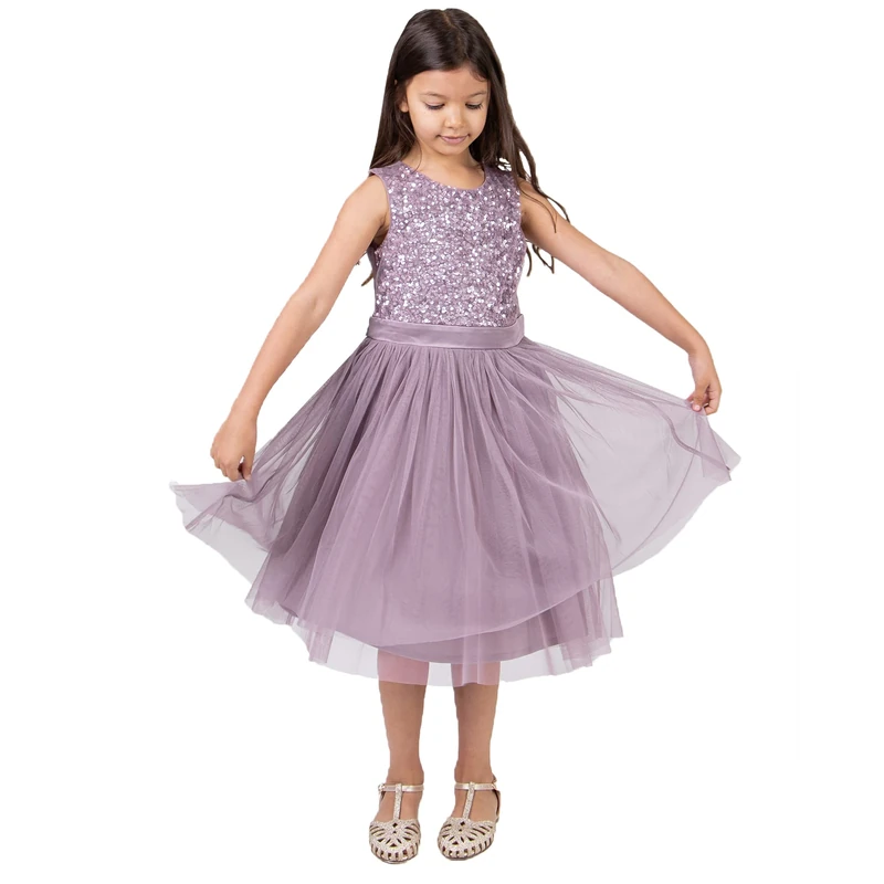 Maya Deluxe Midi Dress for Girls Sequins Embellished Party Tutu Bridesmaids Wedding with Belt Bow Mooody Lilac Size 9-10 Years