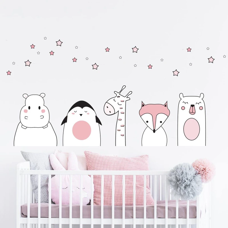 Children's Wall Sticker - Decoration Baby Room - Wall Sticker Children - Scandinavian - Wall Sticker Animals Night Friends Height 60 x Length 90 cm