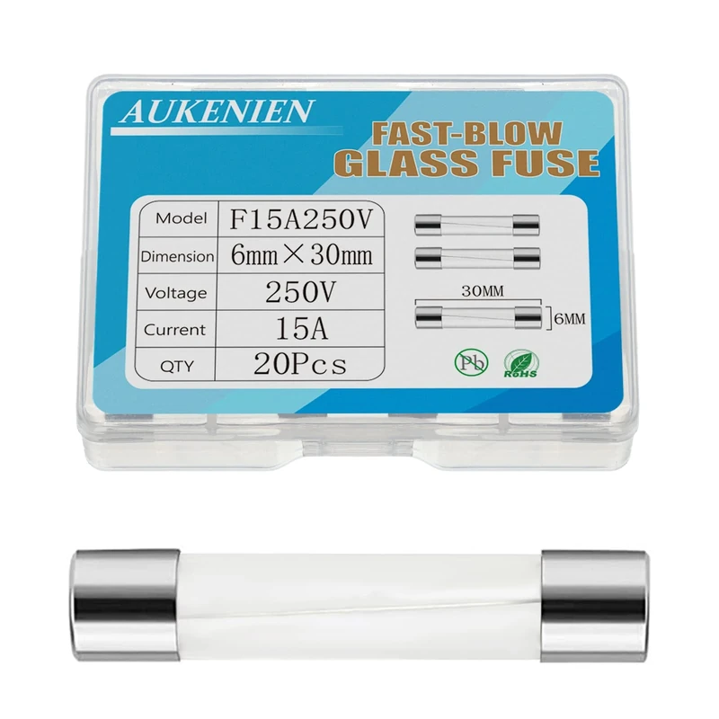 AUKENIEN 6X30 MM 15A 250V Glass Fuses F15AL 15 Amp 250 Volt F15AL250V Fast Blow Cartridge Tube Fuse, Multiple Values of Glass Fuse Optional (Pack of 20)