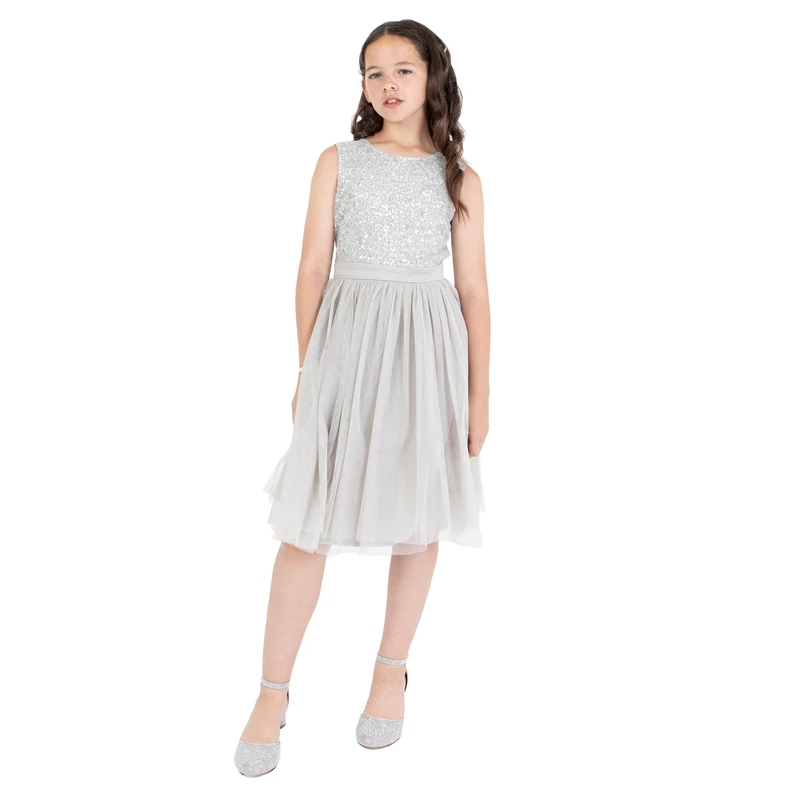Maya Deluxe Midi Dress for Girls Sequins Embellished Party Tutu Bridesmaids Wedding with Belt Bow Soft Grey Size 7-8 Years