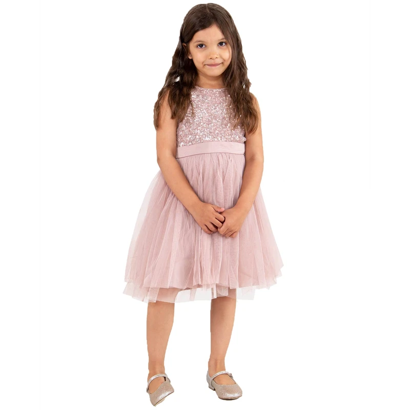 Maya Deluxe Midi Dress for Girls Sequins Embellished Party Tutu Bridesmaids Wedding with Belt Bow Frosted Pink Size 5-6 Years